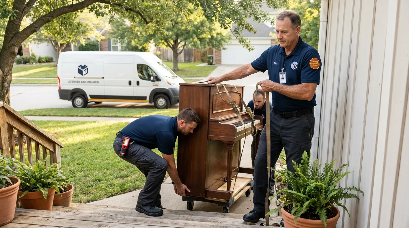 Licensed piano movers securing grand piano in Wyoming, MN