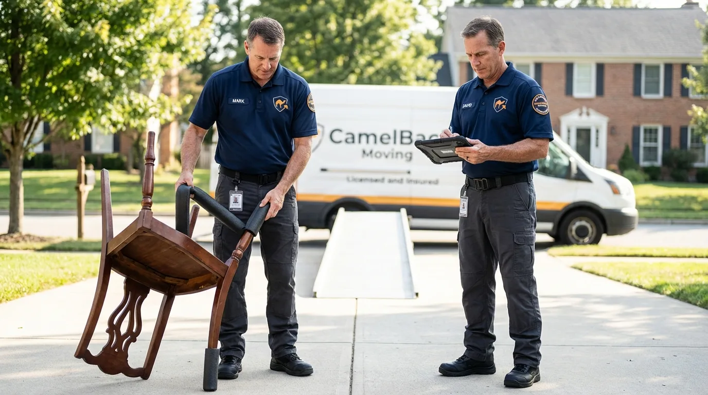 Movers inspecting furniture for damage prevention before loading in Wyoming, MN